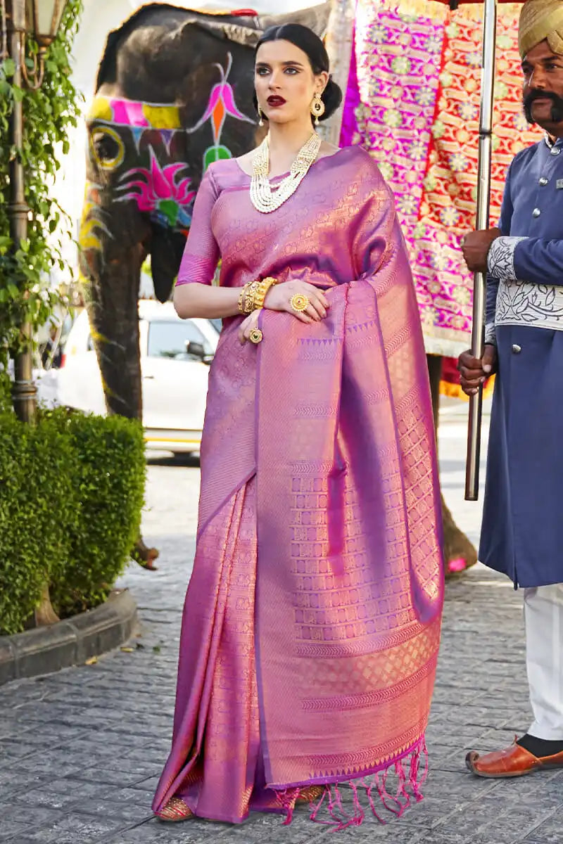 Woman in a pink saree with an elephant and traditional attire in the background