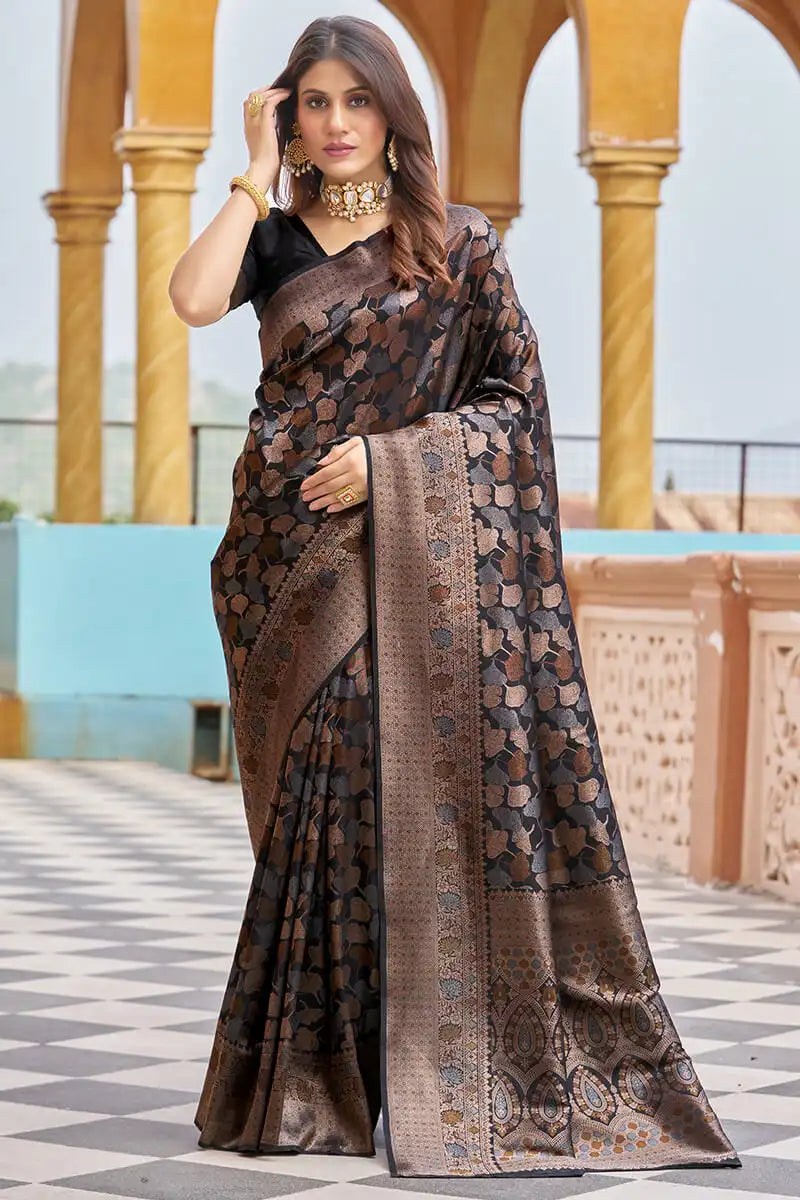 Woman wearing a brown and black patterned saree with a decorative background