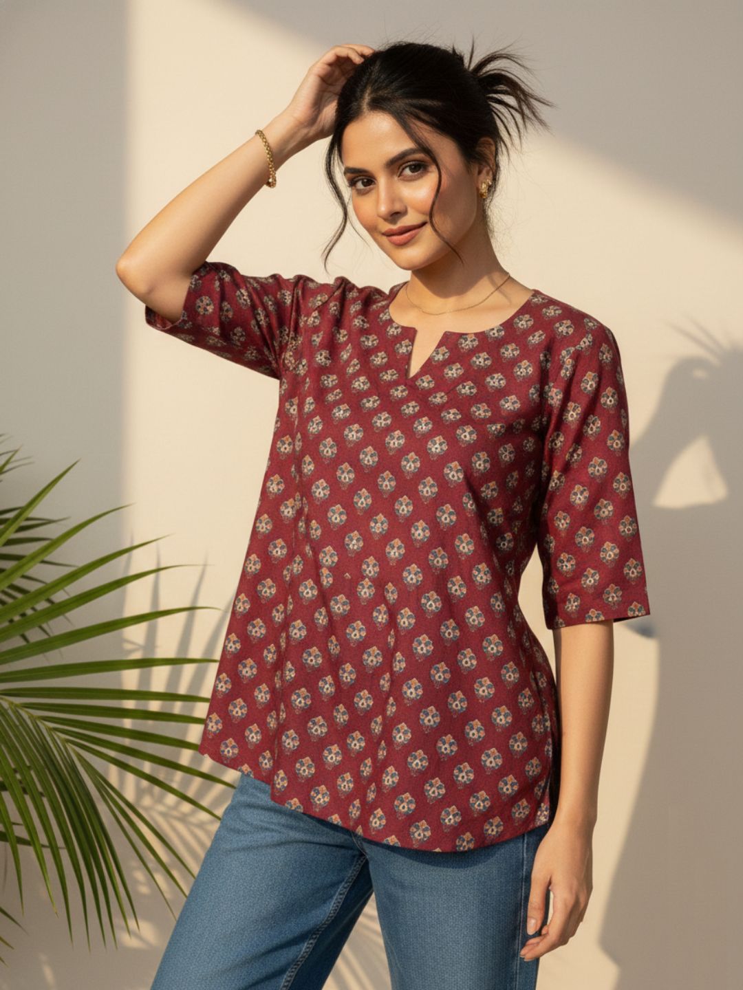 Deep Maroon Ethnic Motif Cambric Cotton Kurtis
