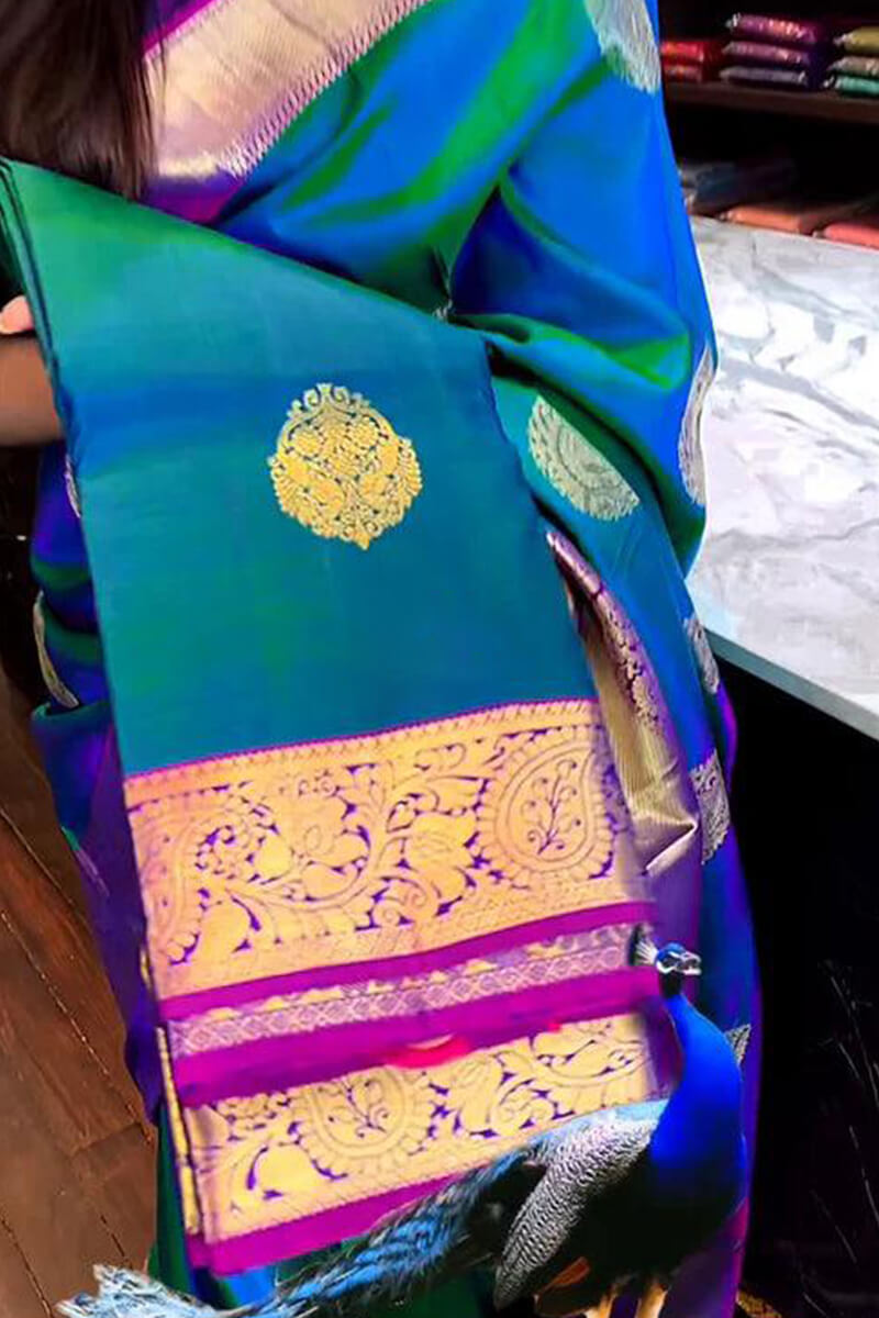 Pure Kanjivaram Soft Silk Saree in Royal Peacock Style