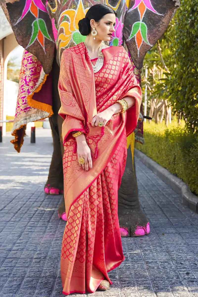Woman in a red saree standing next to an elephant with decorative paint in an outdoor setting.