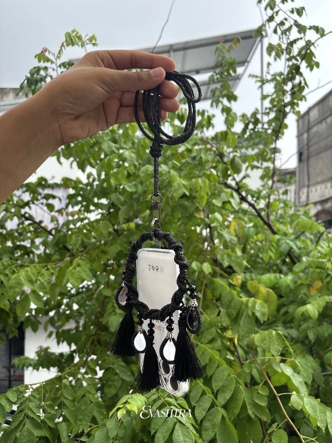 Midnight Black Rhinestone Mobile Sling Bag with Tassels  & Mirror