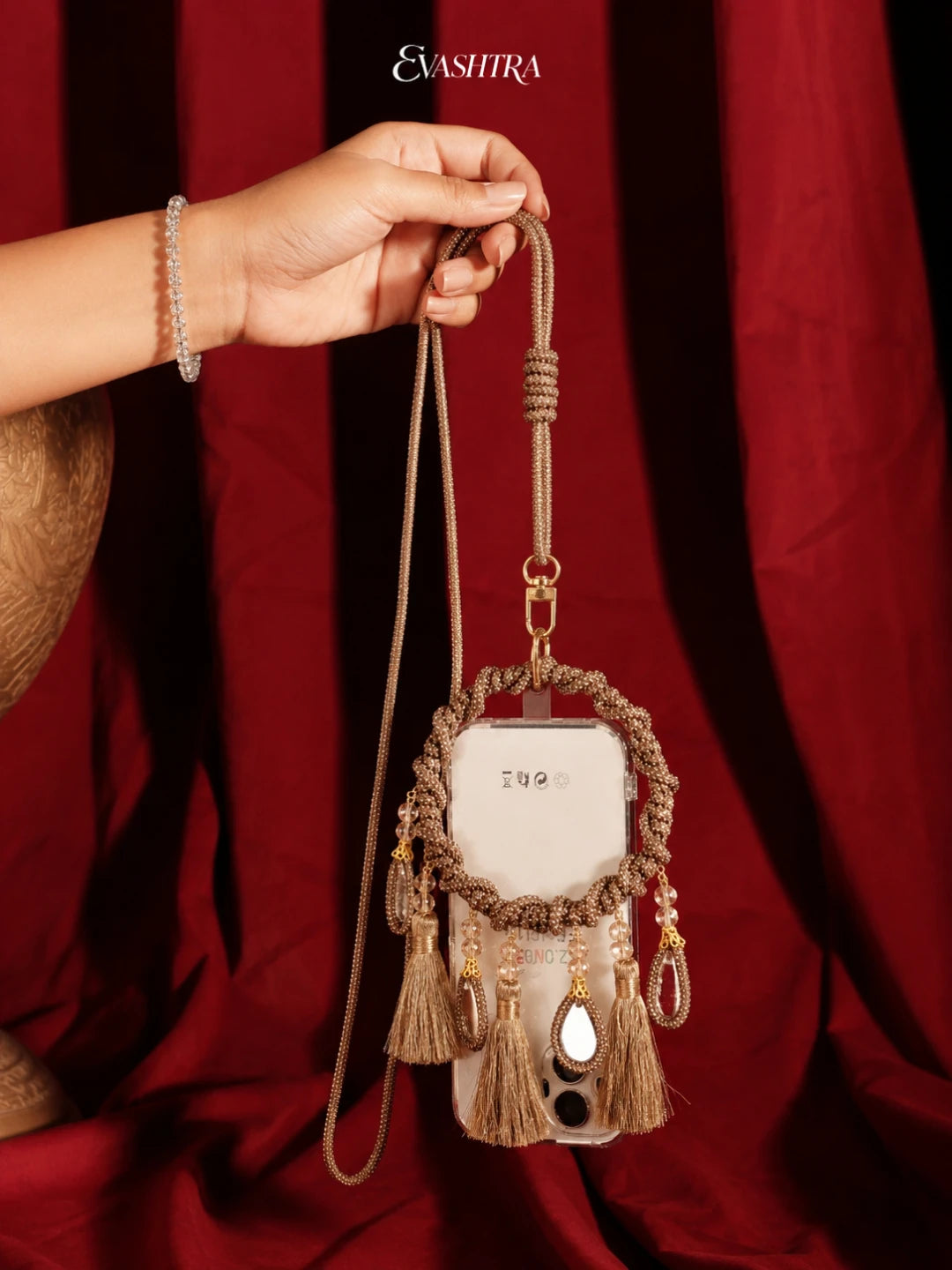 Copper Rhinestone Mobile Sling Bag with Tassels & Mirror