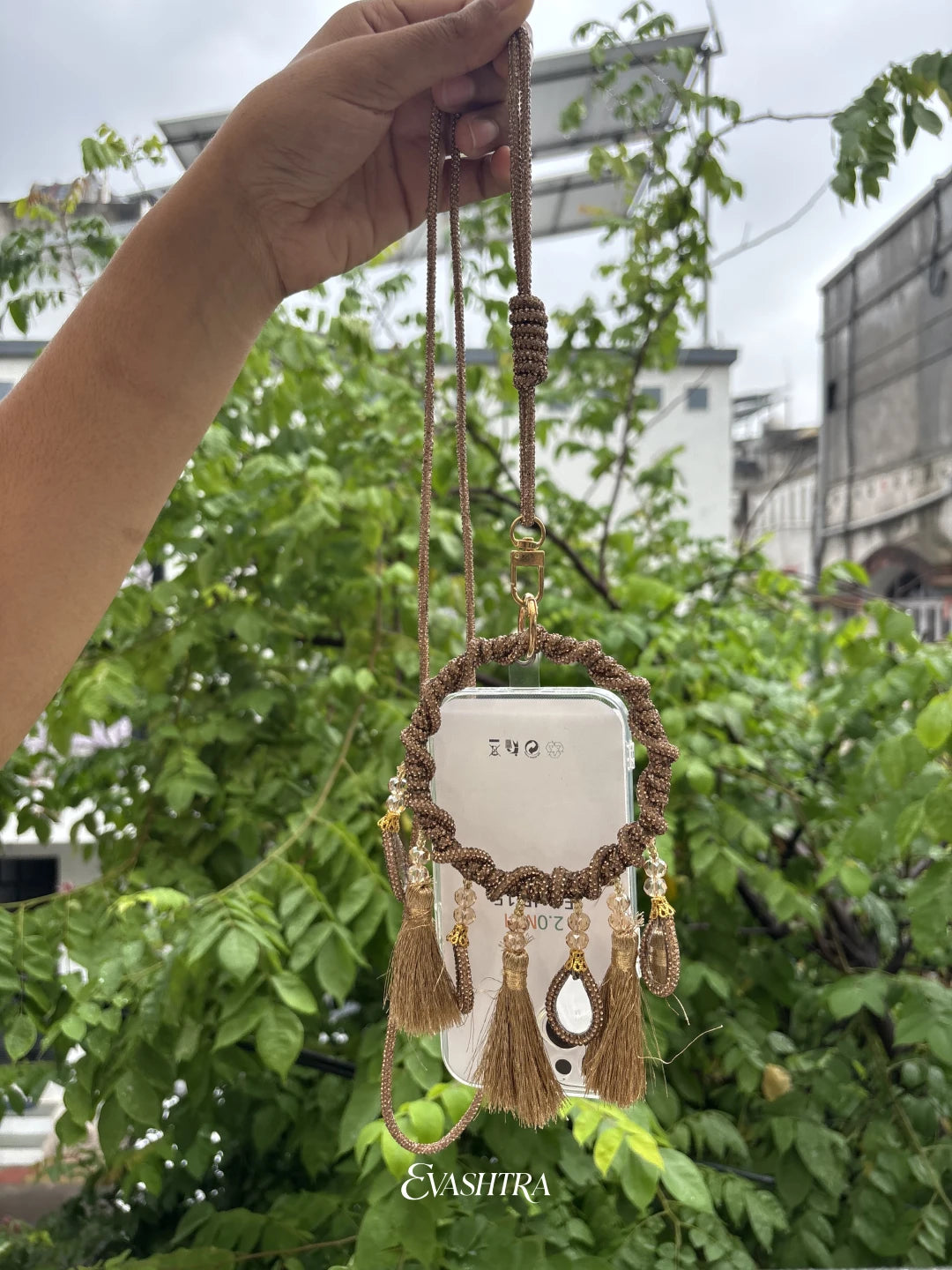 Copper Rhinestone Mobile Sling Bag with Tassels & Mirror