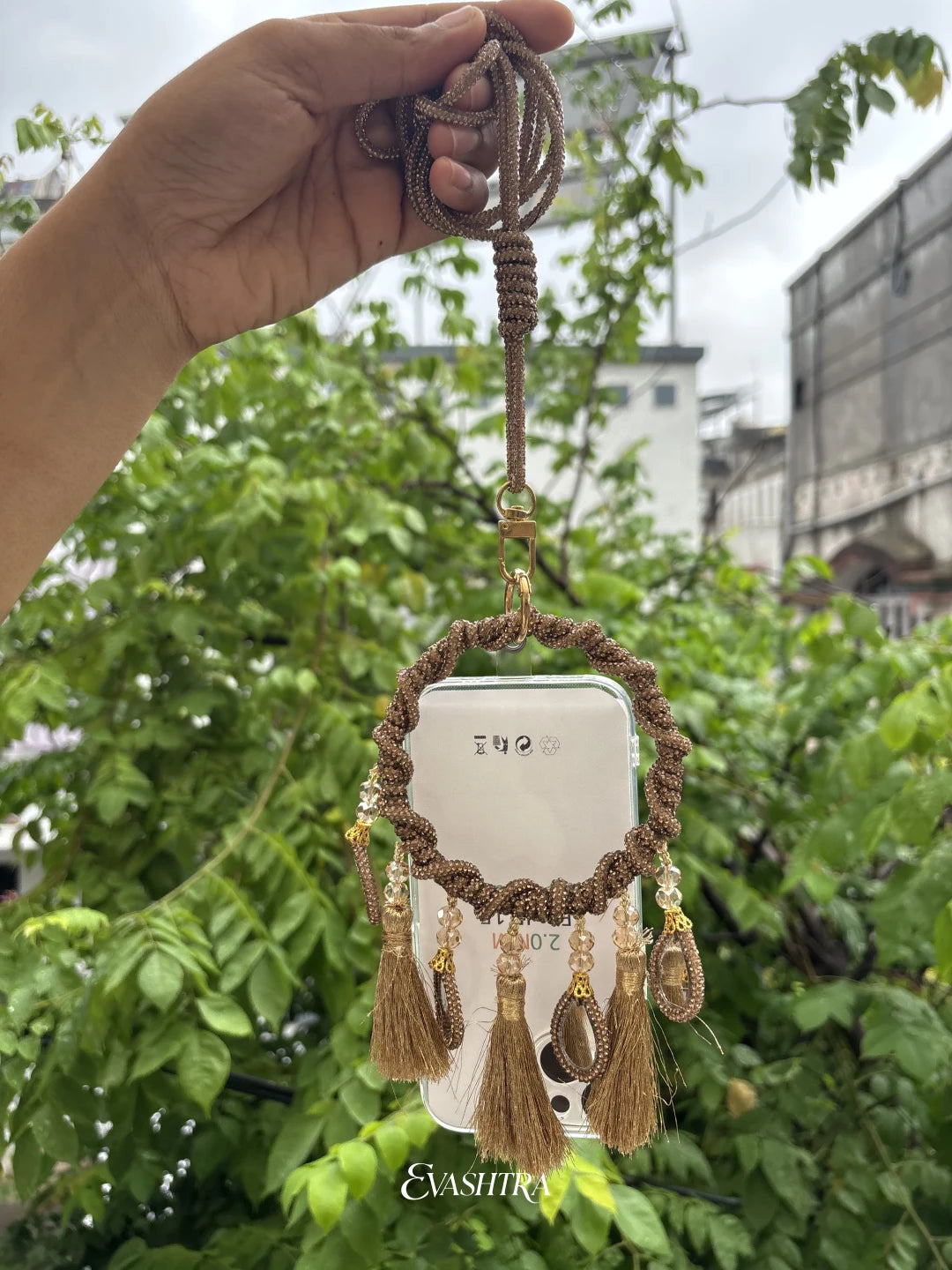 Copper Rhinestone Mobile Sling Bag with Tassels & Mirror