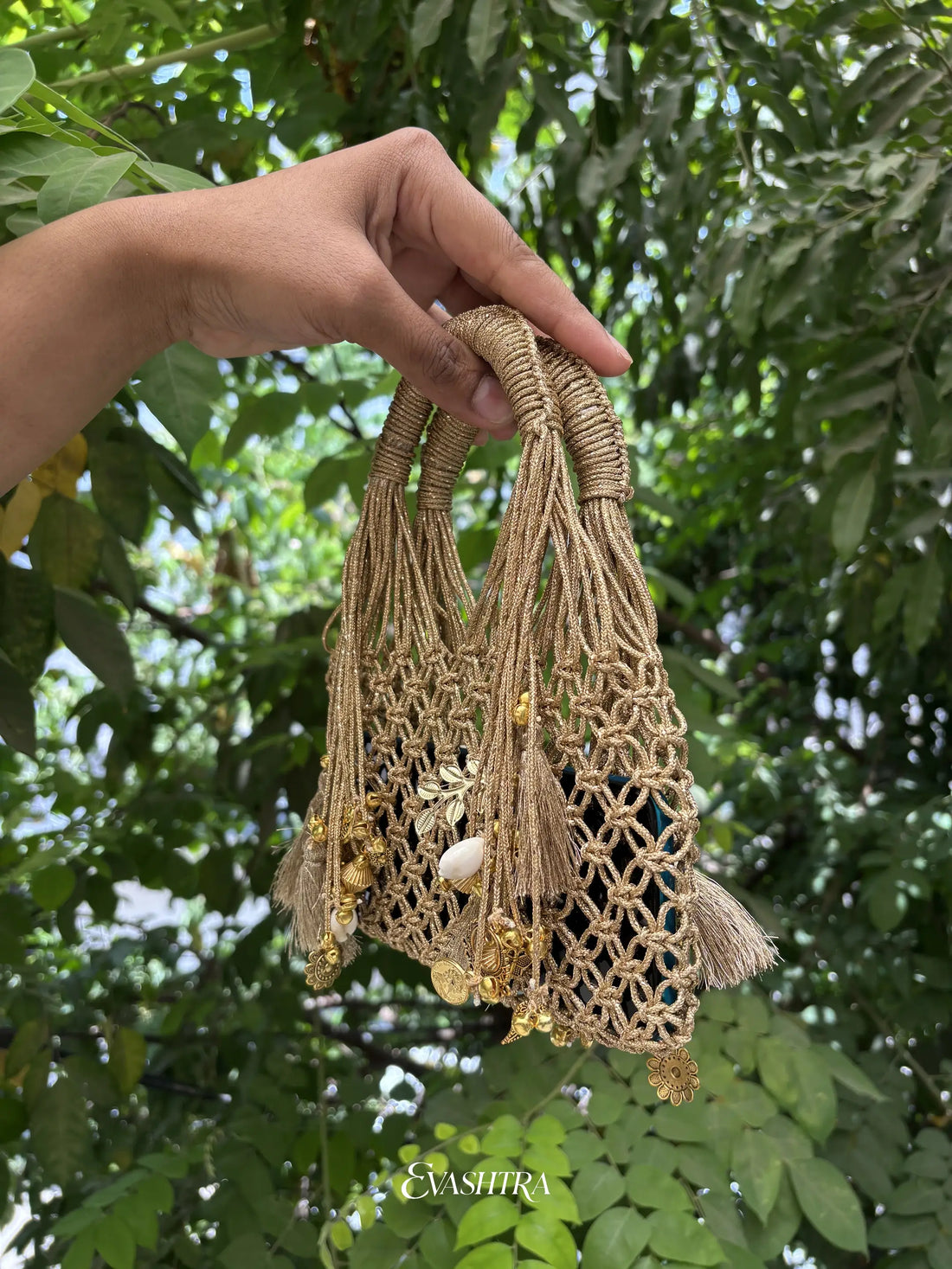 The Heritage Gold Macramé Charms Mobile Bag