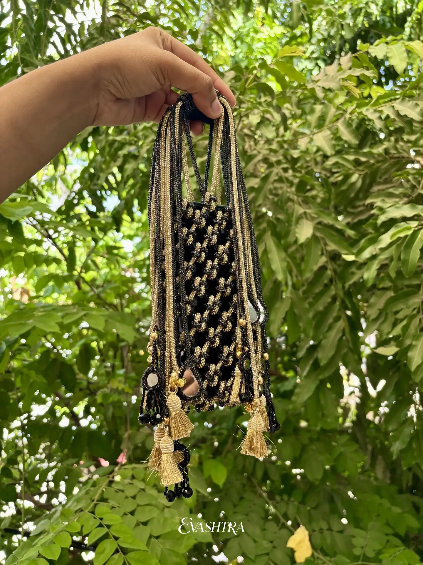 Black & Gold Rhinestone with Teardrop Mirrors & Tassels