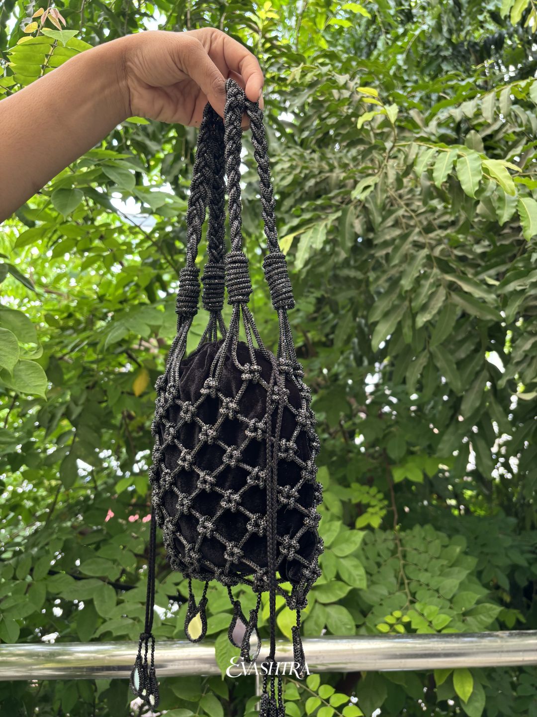 Shimmer Chic Black Rhinestone Potli with Mirror