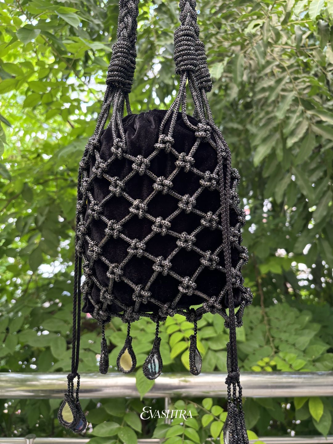 Shimmer Chic Black Rhinestone Potli with Mirror