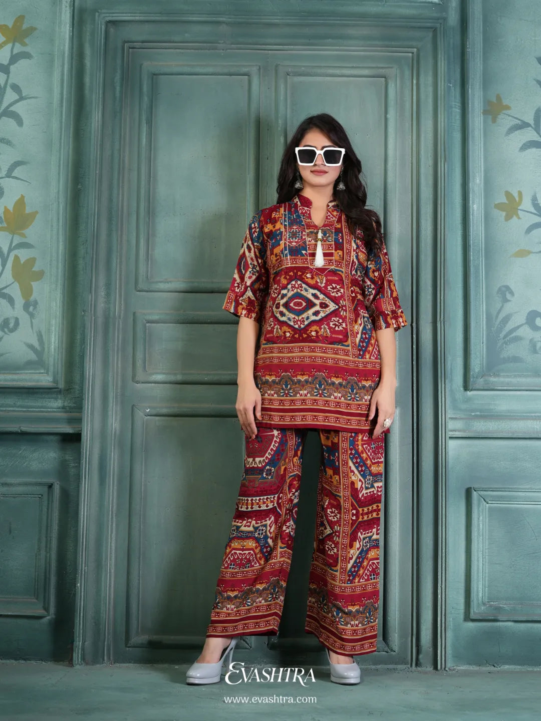 Red Rayon Printed Co-ord Set