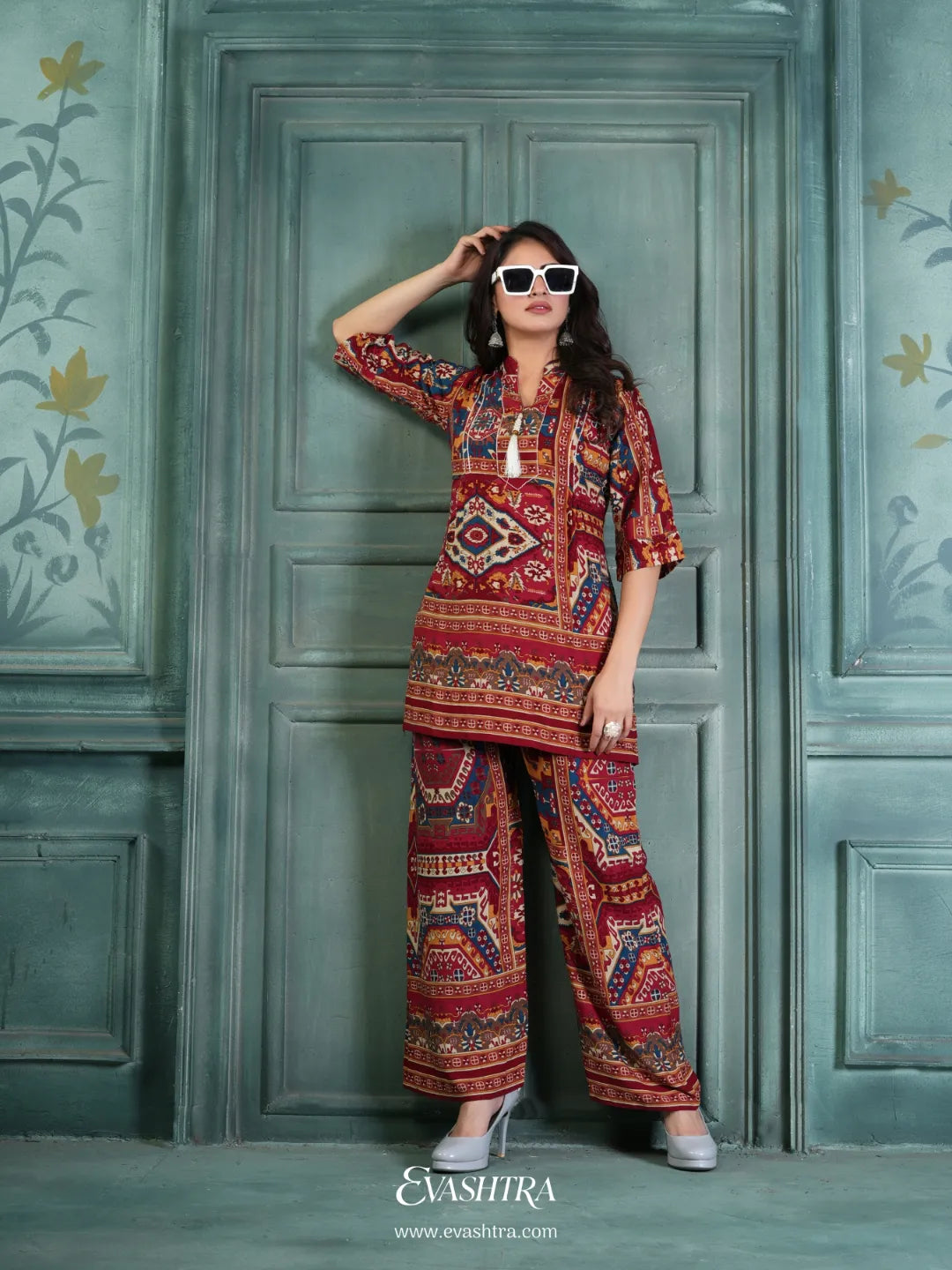 Red Rayon Printed Co-ord Set