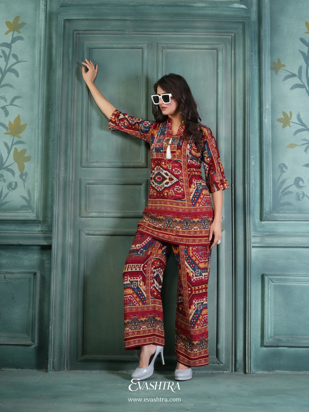 Red Rayon Printed Co-ord Set
