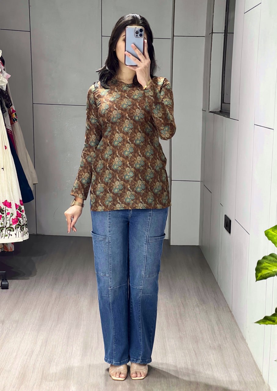 Brown Floral Sleeved Kurtis