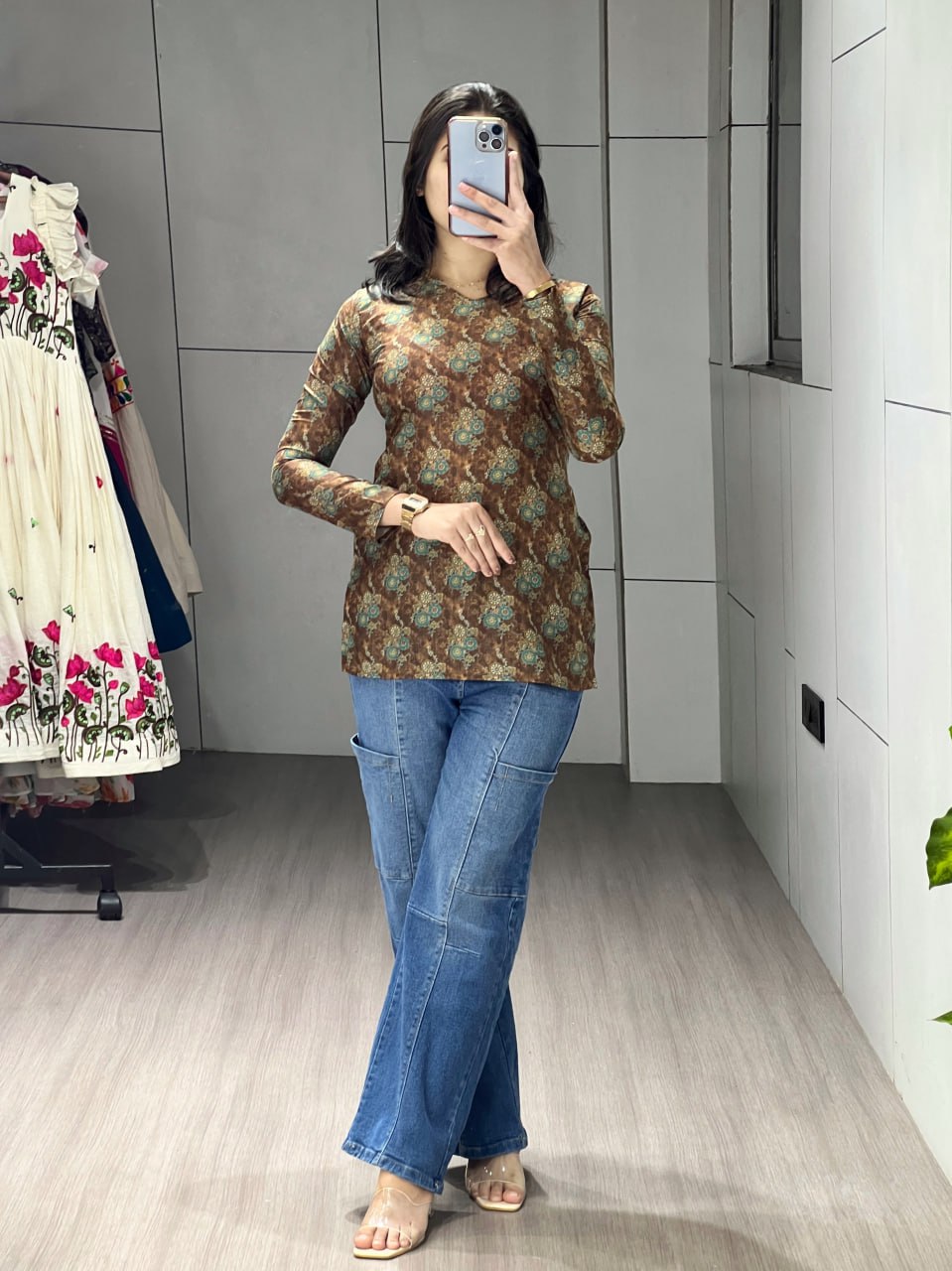Brown Floral Sleeved Kurtis