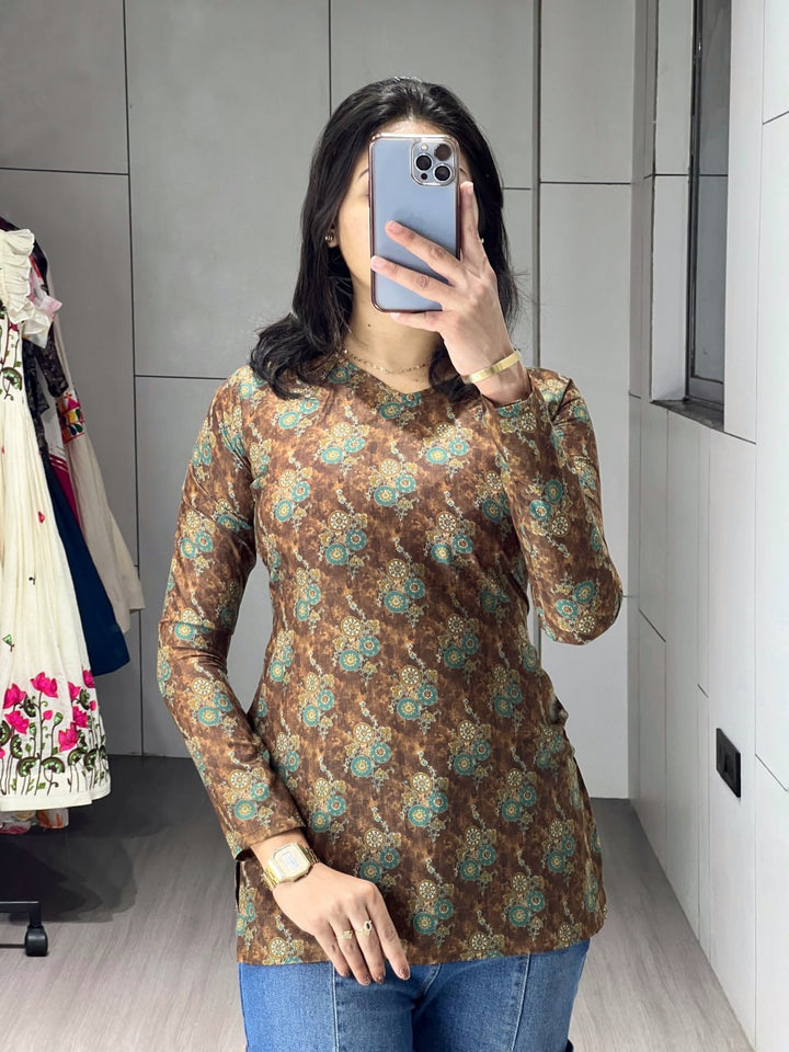 Brown Floral Sleeved Kurtis