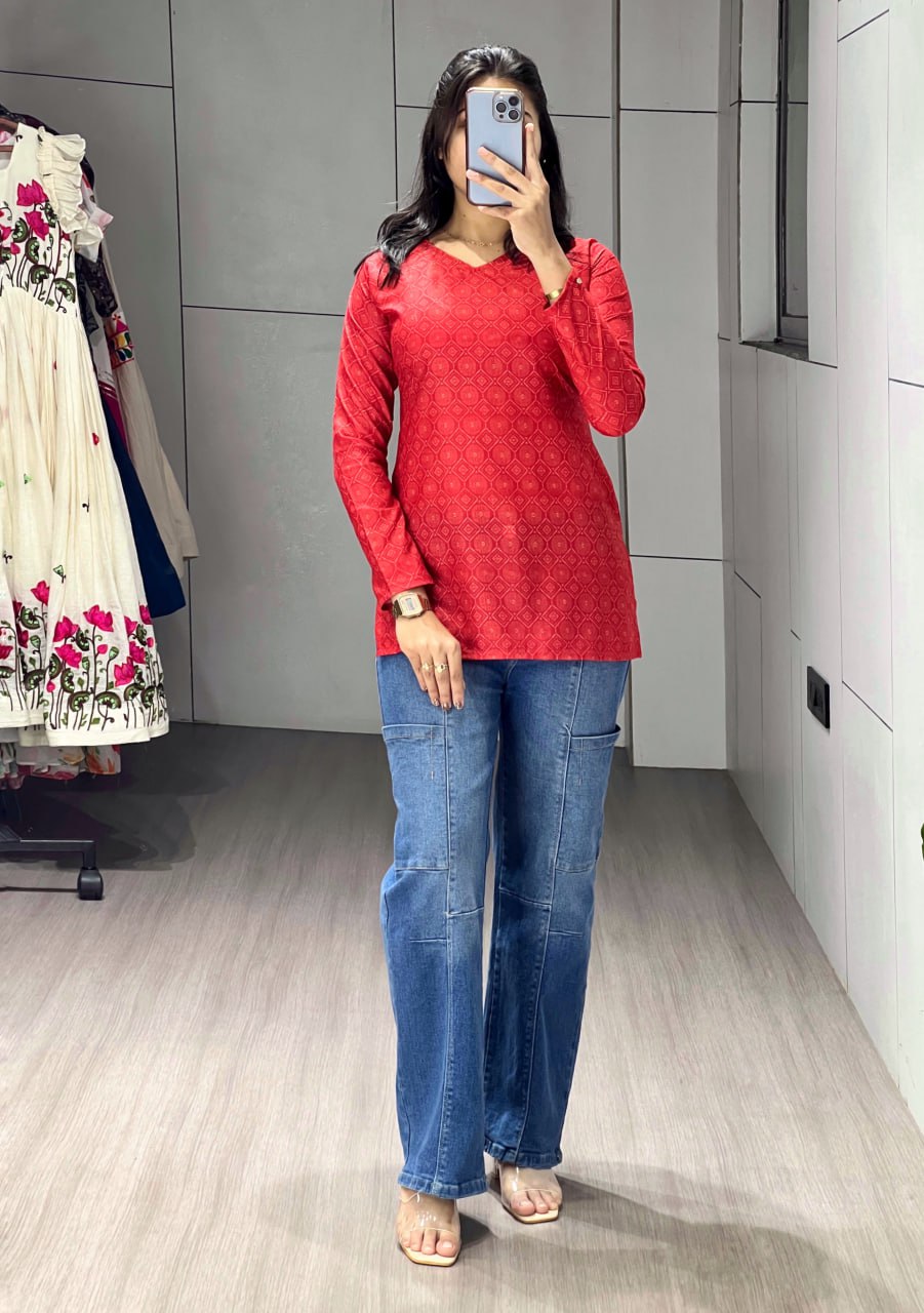 Red Floral Sleeved Kurtis