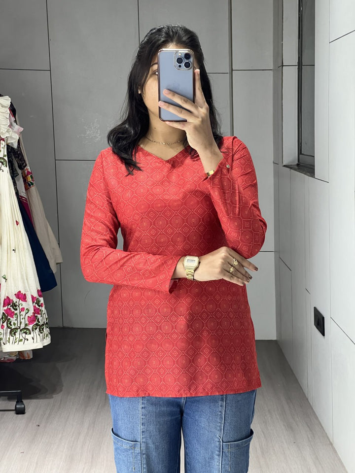 Red Floral Sleeved Kurtis