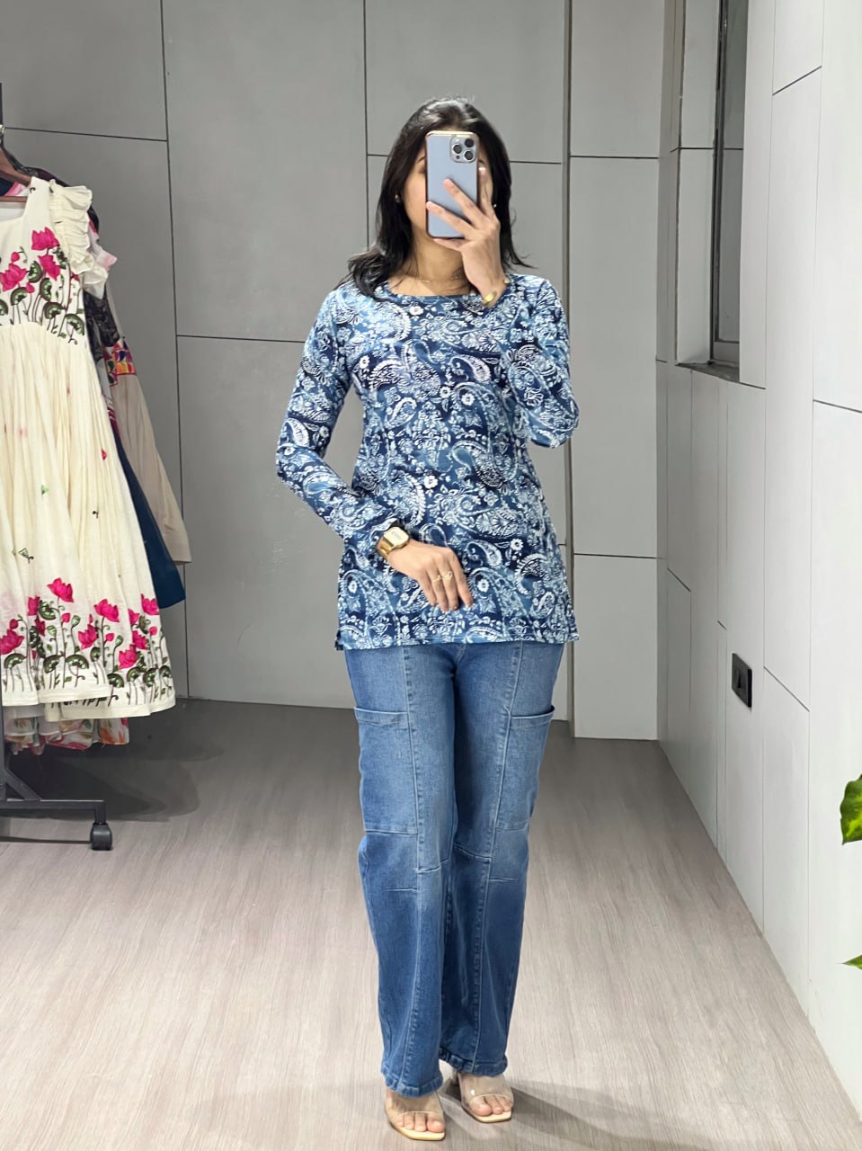 Blue Floral Sleeved Kurtis
