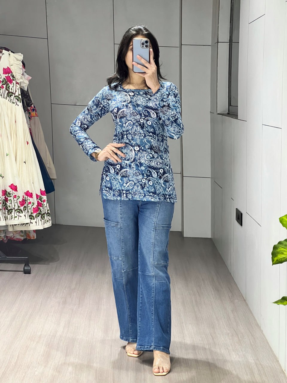 Blue Floral Sleeved Kurtis