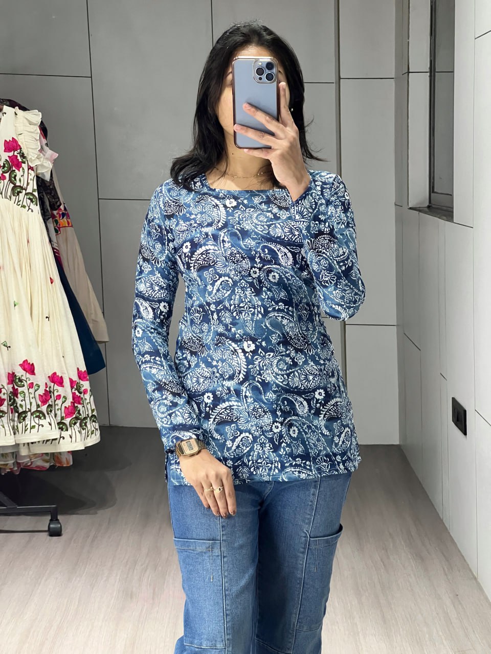 Blue Floral Sleeved Kurtis