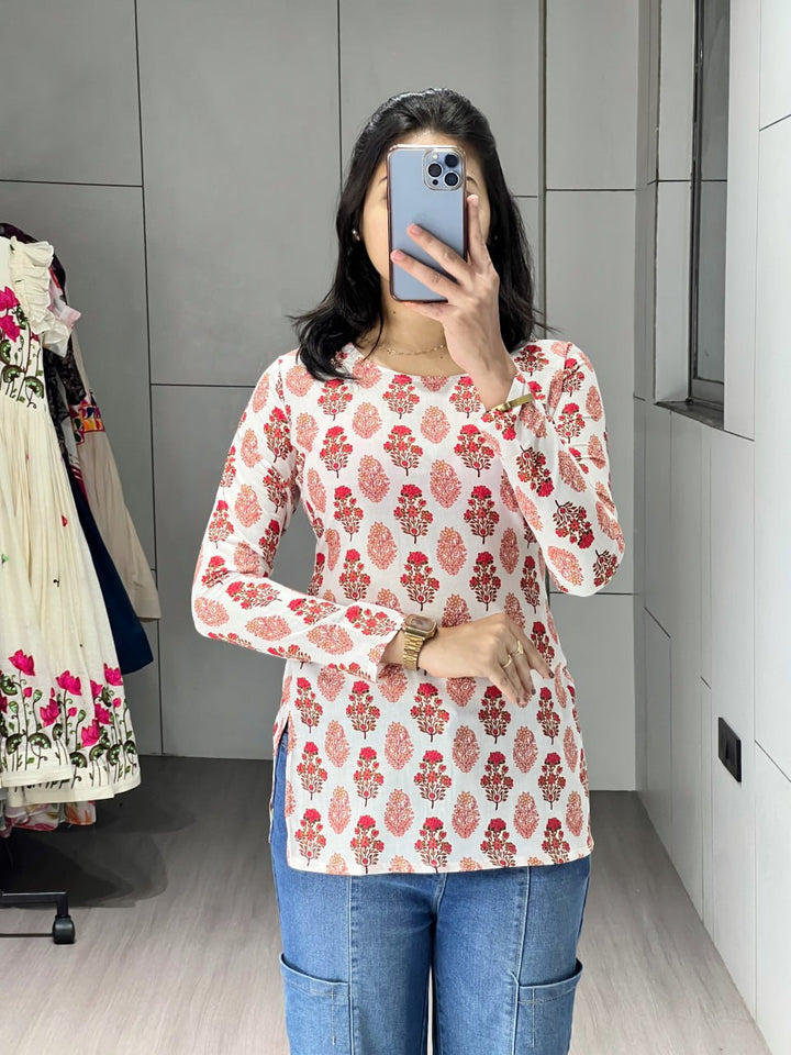 White Floral Sleeved Kurtis