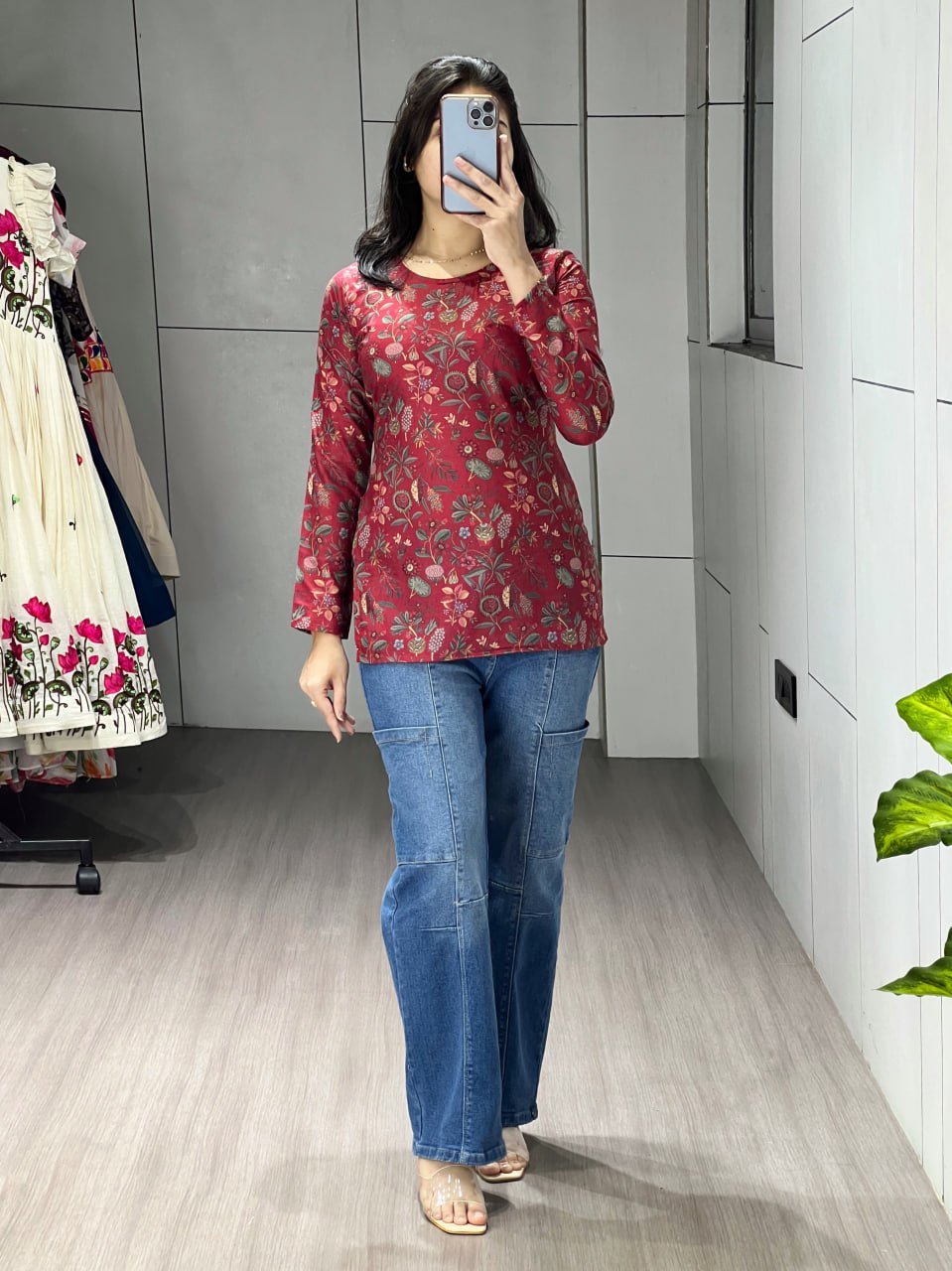 Maroon Floral Sleeved Kurtis