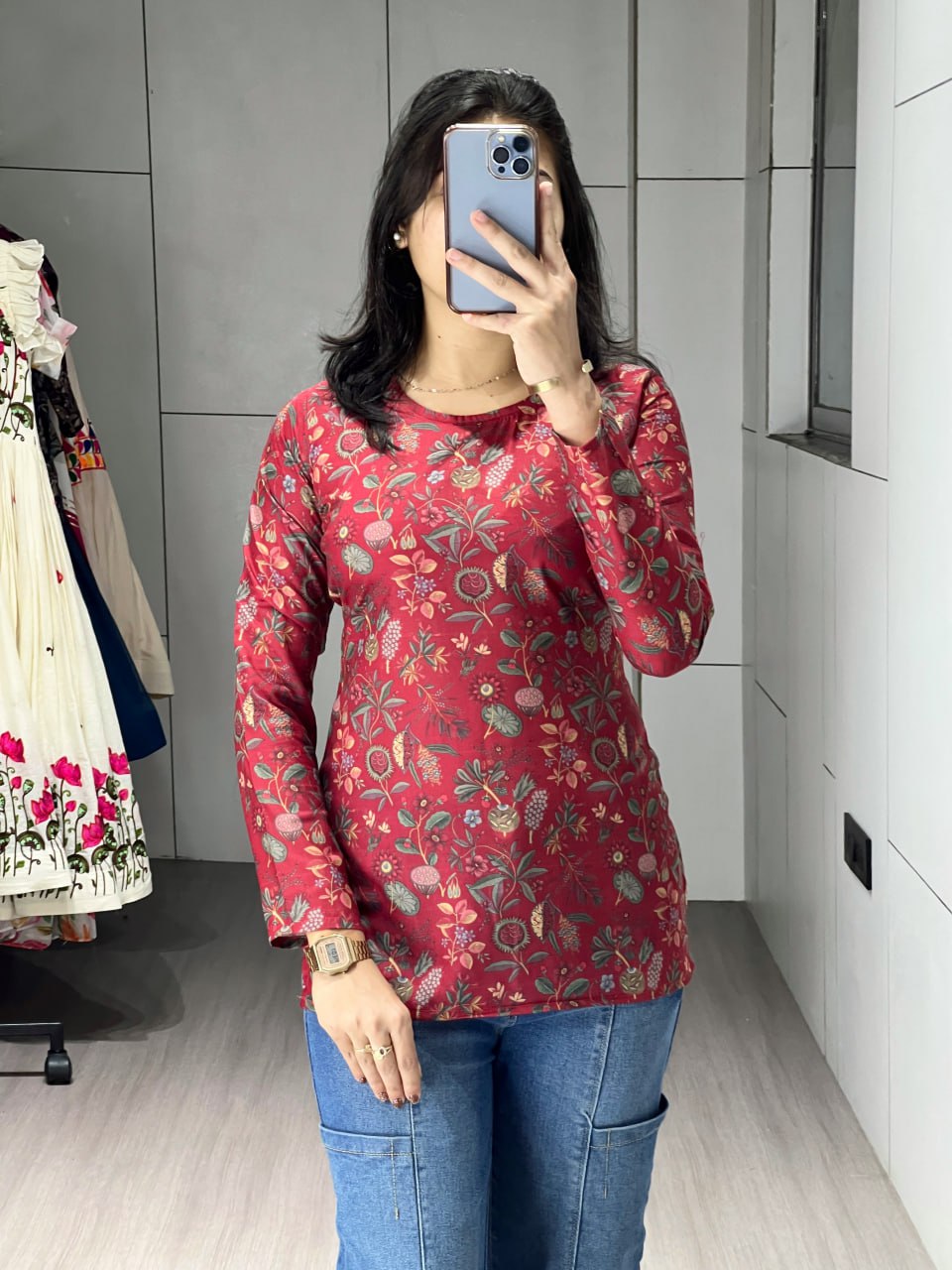 Maroon Floral Sleeved Kurtis