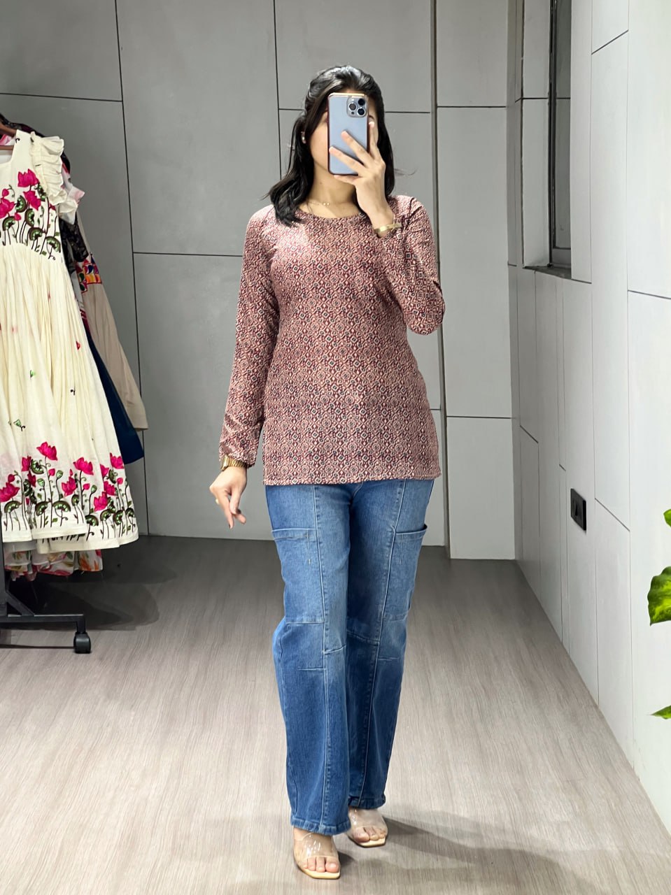 Rose Gold Floral Sleeved Kurtis