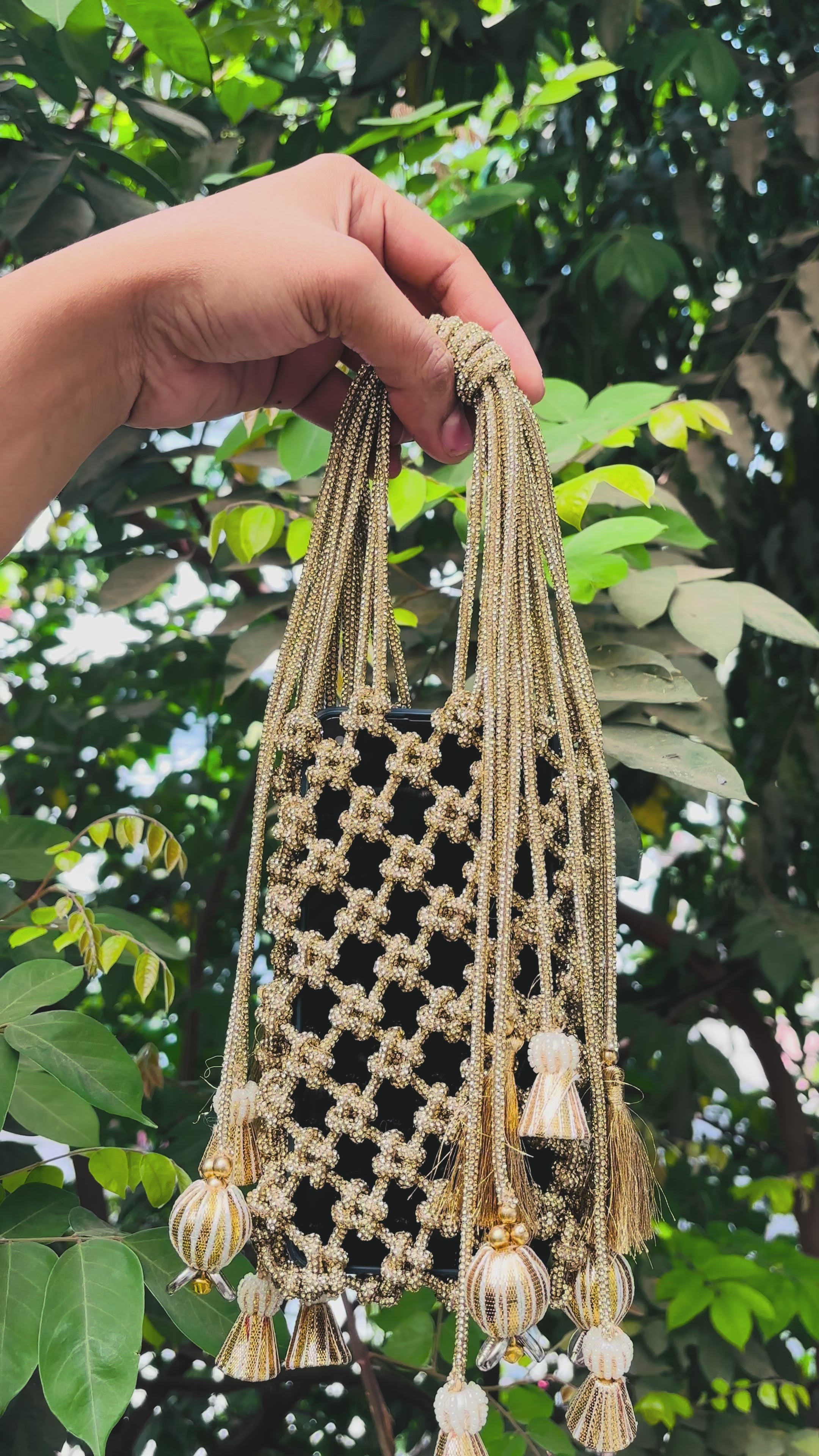 Gold Rhinestone Handmade Mobile Bag with Tassels