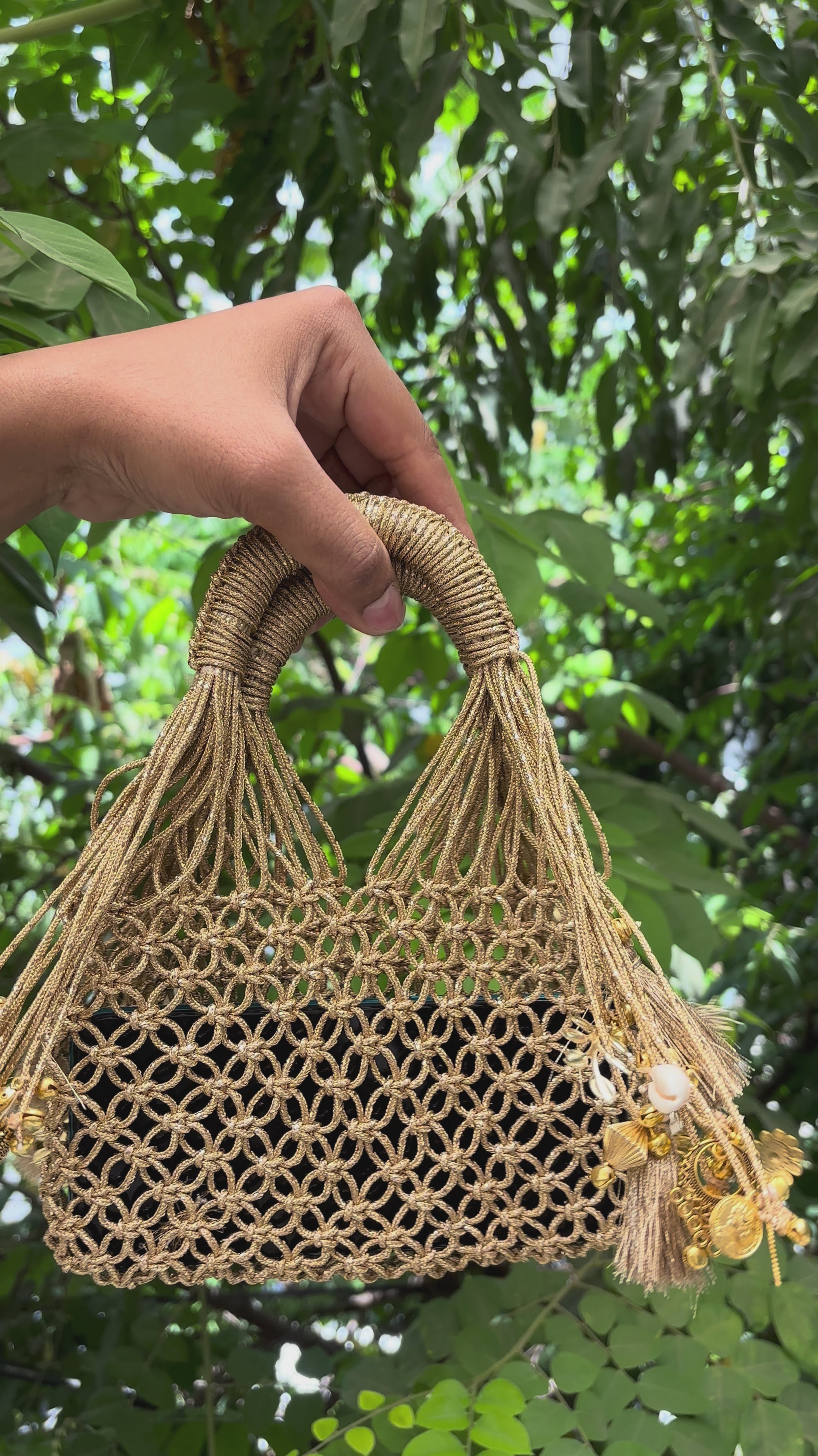 The Heritage Gold Macramé Charms Mobile Bag