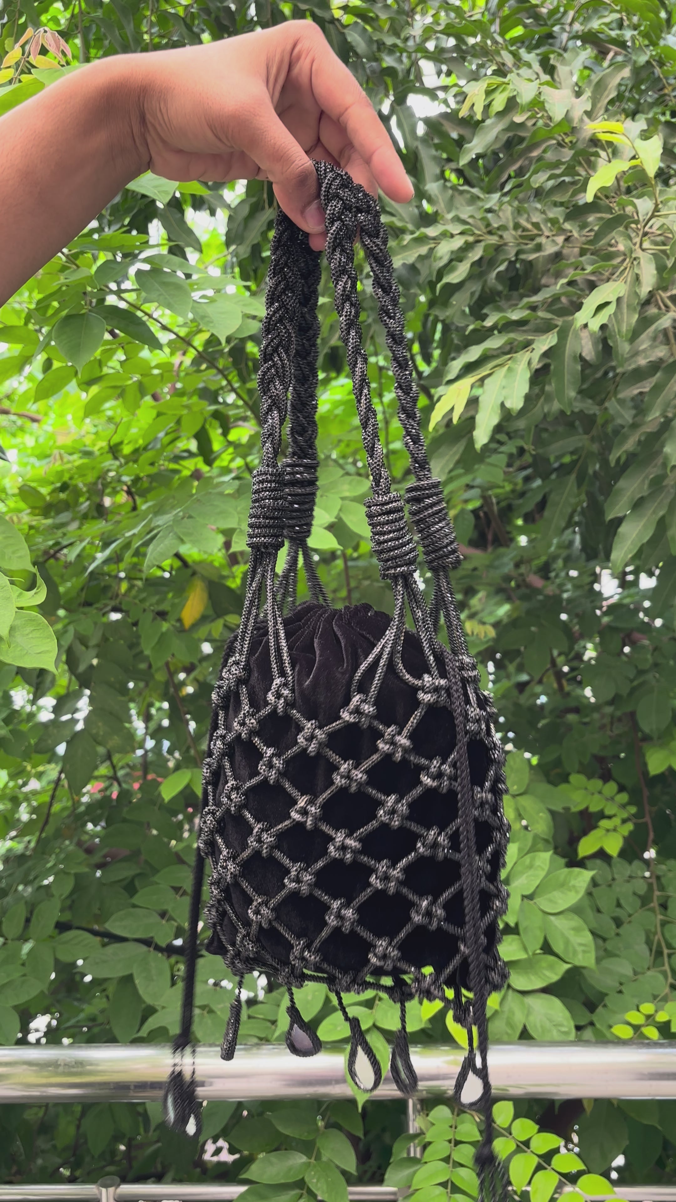 Shimmer Chic Black Rhinestone Potli with Mirror